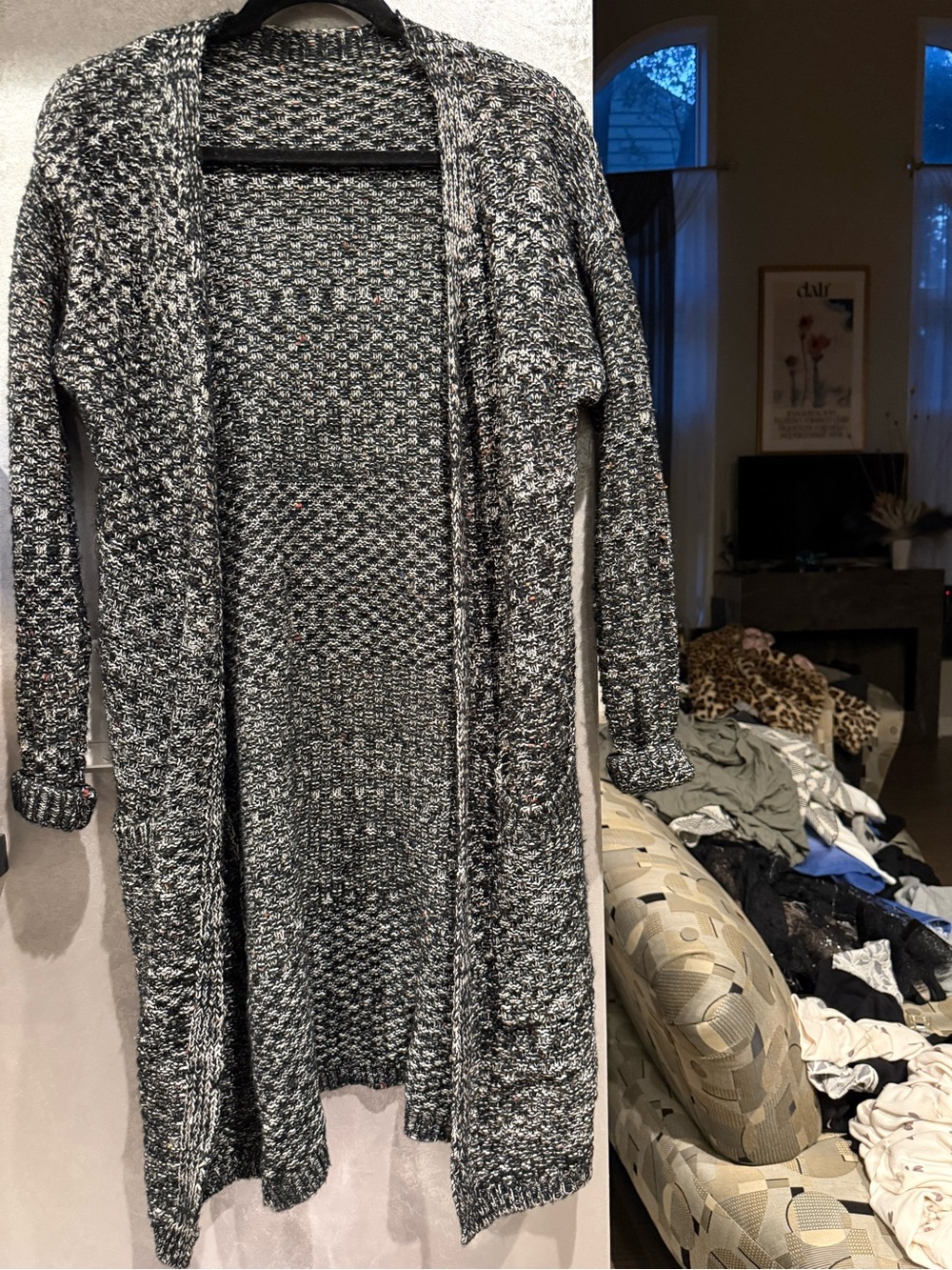 Source Unknown Black and White Marled Open-Front Long Cardigan